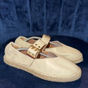 Jutelia Leather Cream Espadrille Mary Jane Flats with Gold Buckle EU41 US10
